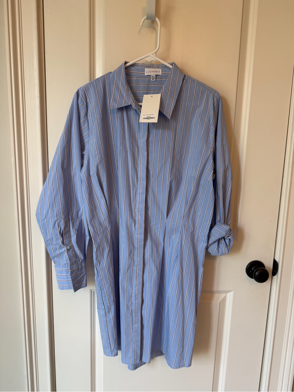 NWT Lucy Paris Blue and White Striped Long Button-Down Shirt Dress